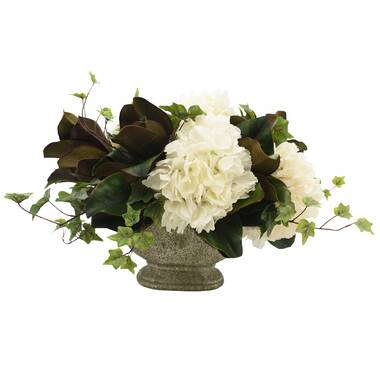 Primrue Hydrangea and Magnolia Leaf Mixed Floral Arrangement in